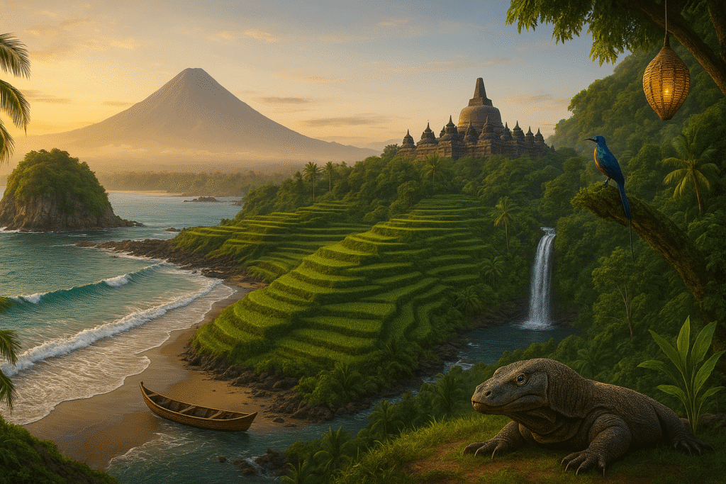 coastal view of Indonesia featuring rice terraces, Komodo dragon, Borobudur temple, volcanic mountain, tropical waterfall, and traditional canoe at sunrise