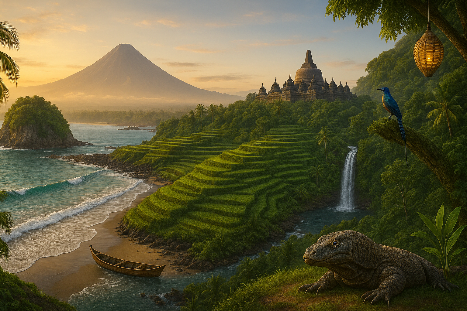 coastal view of Indonesia featuring rice terraces, Komodo dragon, Borobudur temple, volcanic mountain, tropical waterfall, and traditional canoe at sunrise