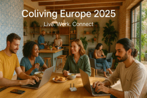 Digital nomads working and socializing in a modern European coliving space with Lisbon tiles and Berlin loft-style design — cozy coworking lounge, communal kitchen, laptops, and natural light — representing coliving Europe, coworking and coliving lifestyle in 2025