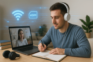 Young man studying online with laptop and headphones, video calling a teacher, with glowing WiFi and eSIM icons symbolizing stable digital connectivity for remote learning at home