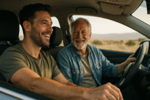 A middle-aged man and his elderly father share a joyful moment during a road trip, smiling warmly inside a car as the sun sets outside, highlighting the bond between them on a Father's Day adventure.