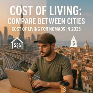 Digital nomad comparing cost of living between two cities in 2025, with modern expensive skyline on one side and affordable European cityscape on the other, working remotely on laptop with coffee cup