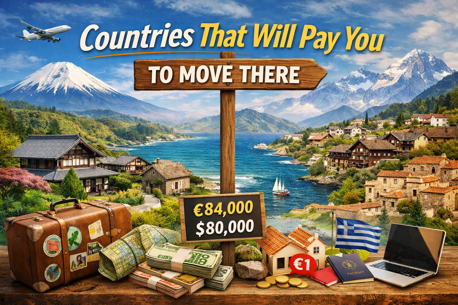Countries that will pay you to move there illustration featuring Japan, Ireland, Spain, Greece, Switzerland, Croatia, Chile and Italy relocation incentives with travel, money and remote work concept
