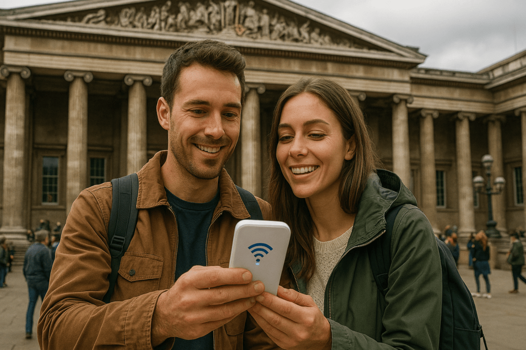 A smiling young couple stands outside the British Museum in London, holding and looking at a portable Wi-Fi device with a blue signal icon, representing their use of ConnectPls to stay connected while exploring the city. The museum’s grand neoclassical columns and visitors in the background create a vibrant travel scene.