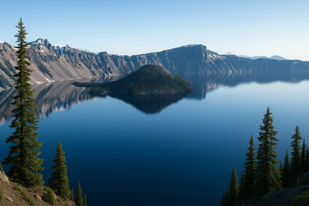 Ultra-realistic image of Crater Lake in Oregon showcasing its deep blue waters, Wizard Island, and surrounding cliffs under clear blue skies with evergreen trees in the foreground.