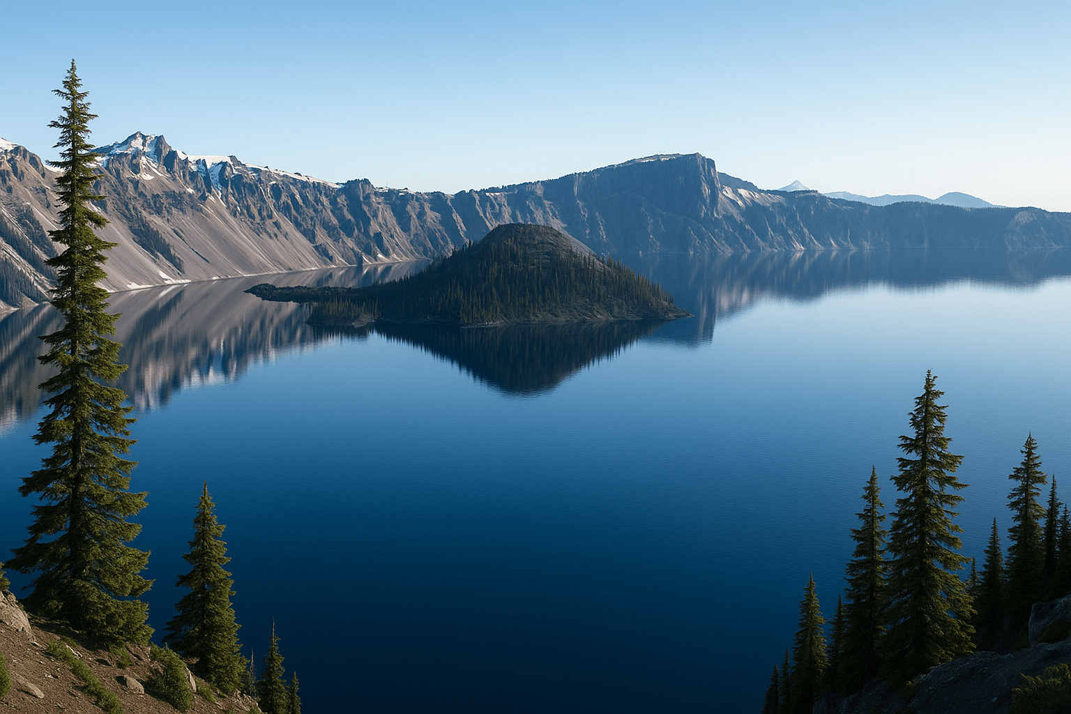 Ultra-realistic image of Crater Lake in Oregon showcasing its deep blue waters, Wizard Island, and surrounding cliffs under clear blue skies with evergreen trees in the foreground.