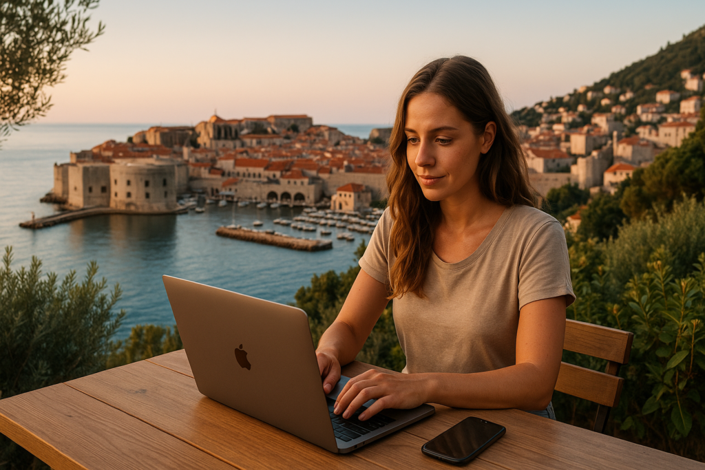 A young woman with wavy light brown hair works on a laptop at an outdoor wooden table, overlooking the historic coastal city of Dubrovnik, Croatia, during sunset. The scene captures a serene digital nomad lifestyle with the Adriatic Sea and red-roofed buildings in the background.