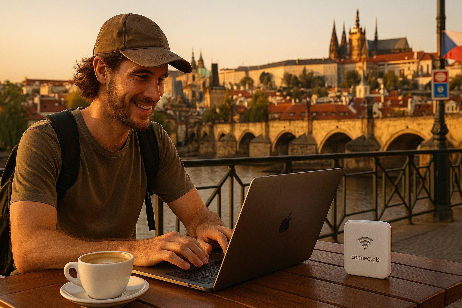 Digital nomad working on a laptop at an outdoor café in Prague during golden hour, with Charles Bridge and Prague Castle in the background; ConnectPls WiFi router and coffee cup on the table, evoking remote work and travel lifestyle.