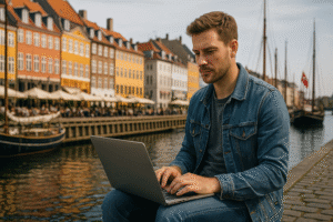 Digital nomad working on laptop by Nyhavn canal in Copenhagen, Denmark, with iconic colorful buildings and boats in the background on a sunny day