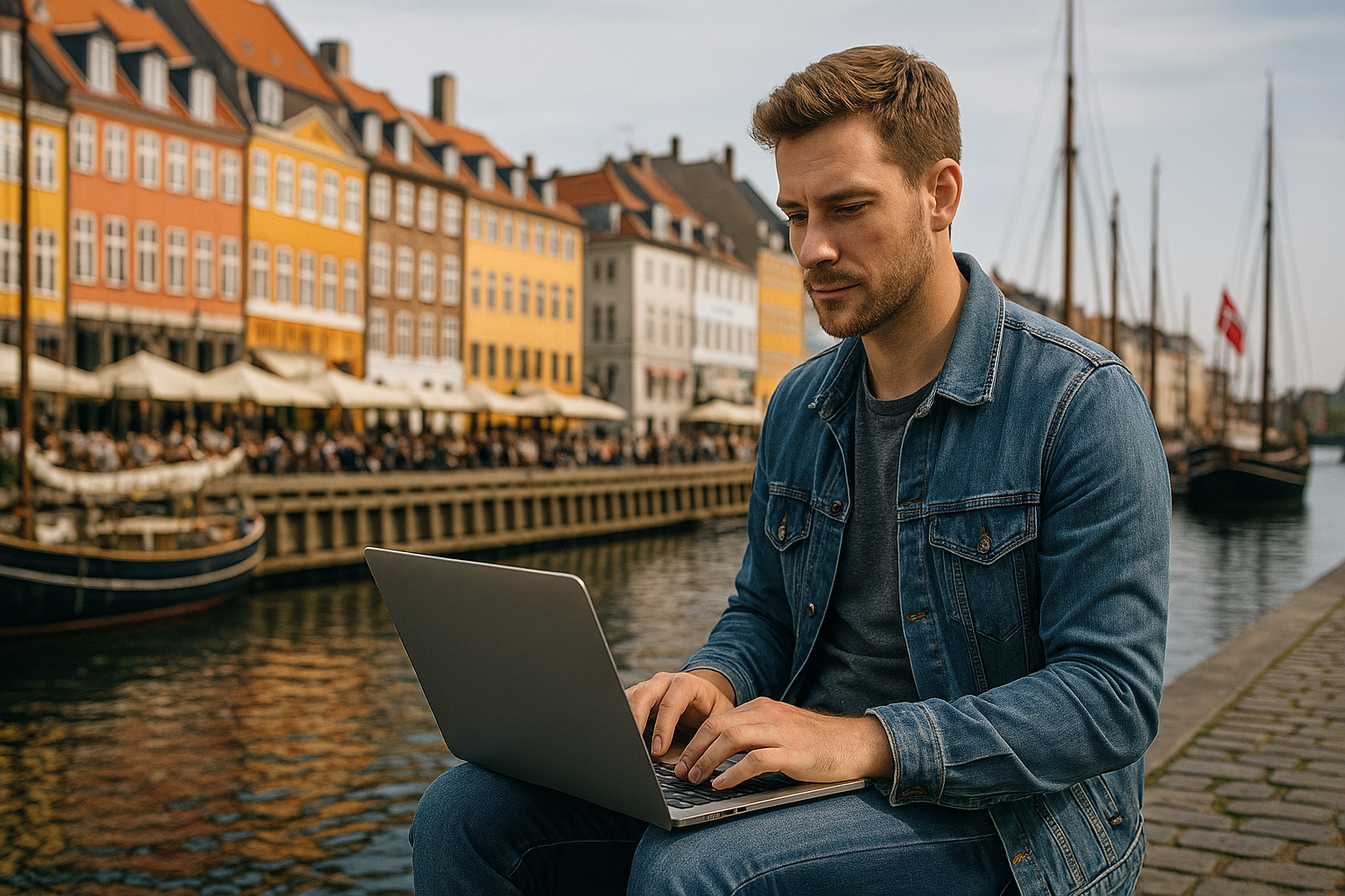 Digital nomad working on laptop by Nyhavn canal in Copenhagen, Denmark, with iconic colorful buildings and boats in the background on a sunny day