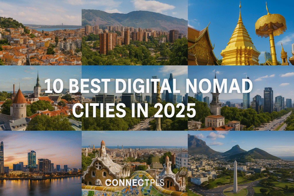 Collage of top digital nomad cities in 2025 including Lisbon, Medellín, Chiang Mai, Tallinn, Mexico City, Ho Chi Minh City, Barcelona, Buenos Aires, and Cape Town – vibrant urban scenes showcasing ideal remote work destinations for digital nomads, featured by ConnectPls