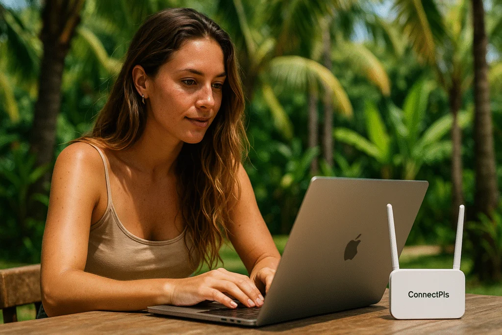 Ultra-realistic image of a young woman digital nomad working on her laptop outdoors in tropical Costa Rica, with a ConnectPls WiFi router on the wooden table, surrounded by lush greenery.