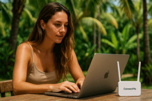 Ultra-realistic image of a young woman digital nomad working on her laptop outdoors in tropical Costa Rica, with a ConnectPls WiFi router on the wooden table, surrounded by lush greenery.