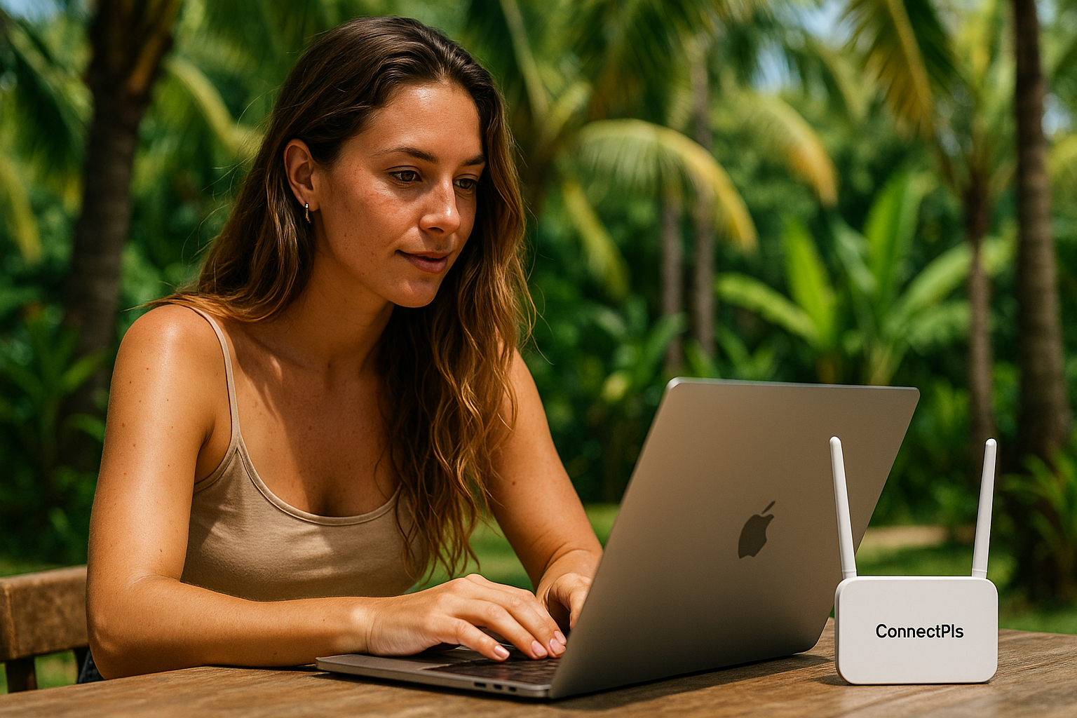 Ultra-realistic image of a young woman digital nomad working on her laptop outdoors in tropical Costa Rica, with a ConnectPls WiFi router on the wooden table, surrounded by lush greenery.