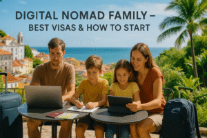 Digital nomad family working and studying outdoors at a Mediterranean café, with laptops and tablets, surrounded by suitcases and a scenic coastal town – ideal lifestyle for remote work and family travel abroad.
