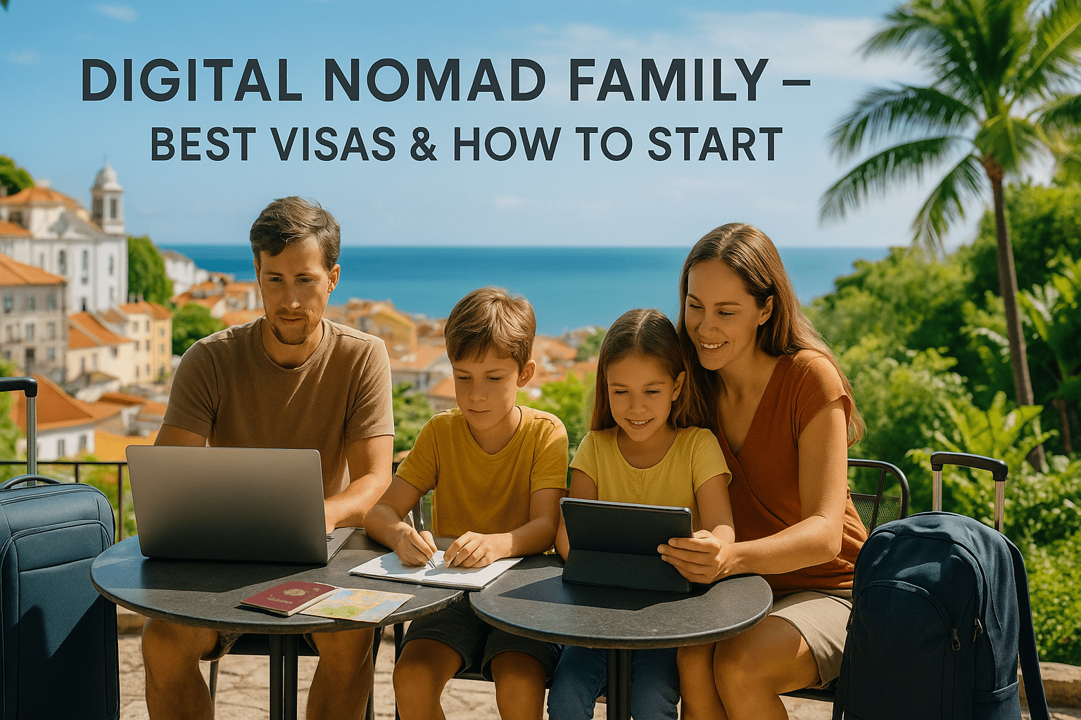 Digital nomad family working and studying outdoors at a Mediterranean café, with laptops and tablets, surrounded by suitcases and a scenic coastal town – ideal lifestyle for remote work and family travel abroad.