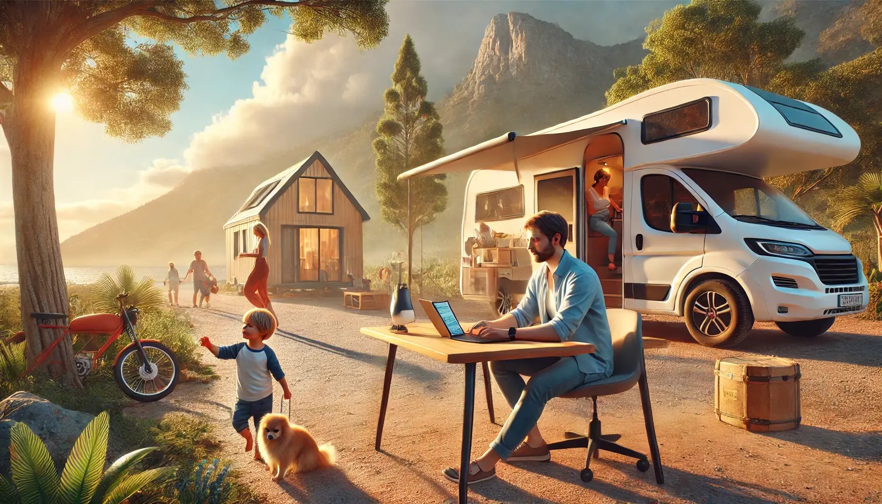 Balancing remote work and parenting while traveling – family enjoying digital nomad lifestyle with laptop, child, and camper van in a sunny, peaceful outdoor setting