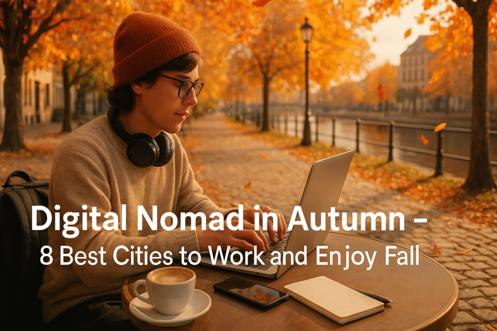 Digital nomad working on a laptop at an outdoor café in Europe during autumn, surrounded by golden fall leaves, coffee cup, and backpack — ideal scene for remote work and travel lifestyle in fall.