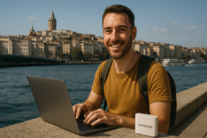 Happy digital nomad working on a laptop by the Bosphorus in Istanbul, with the Galata Tower in the background and a ConnectPls portable Wi-Fi router on the ledge.