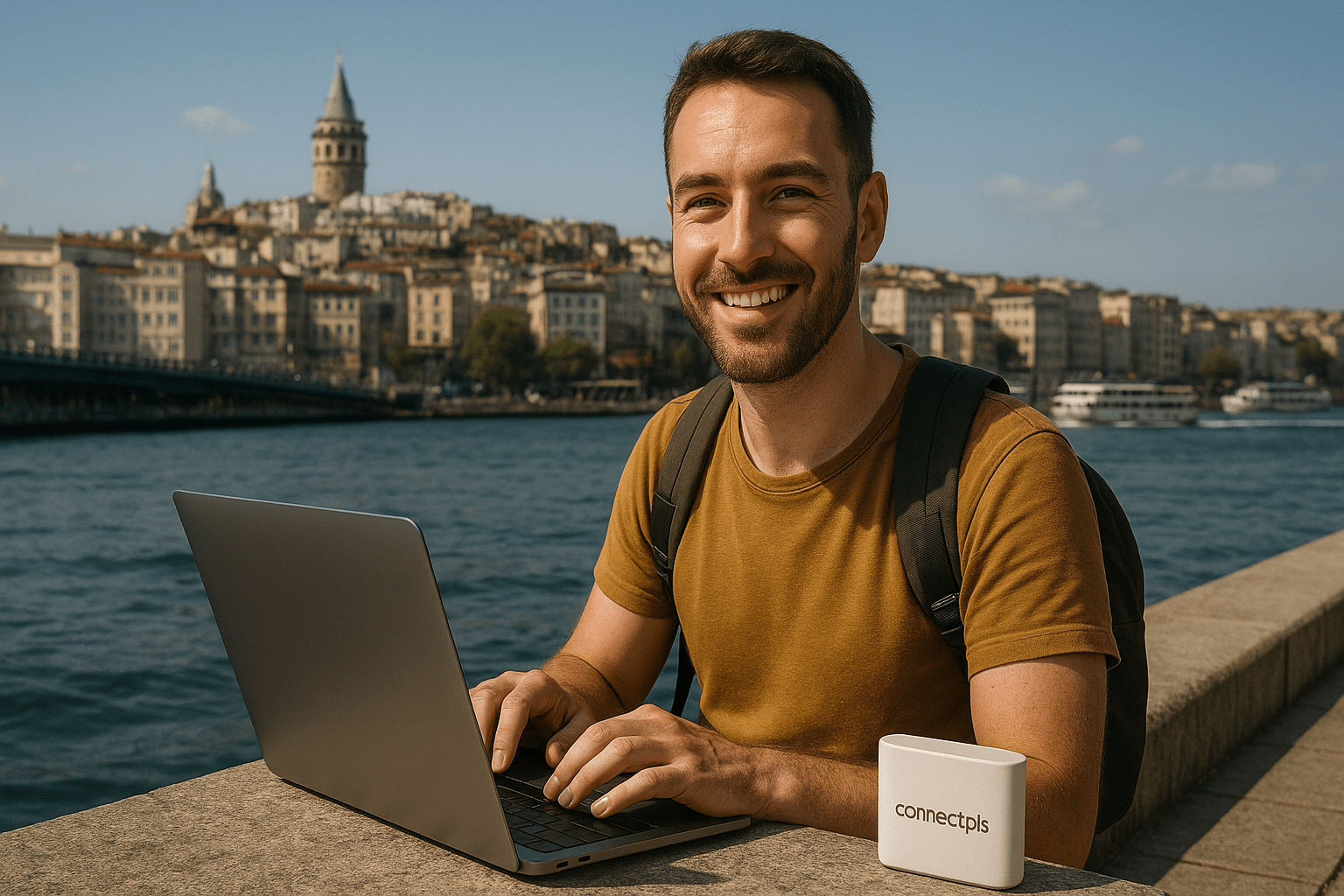 Happy digital nomad working on a laptop by the Bosphorus in Istanbul, with the Galata Tower in the background and a ConnectPls portable Wi-Fi router on the ledge.