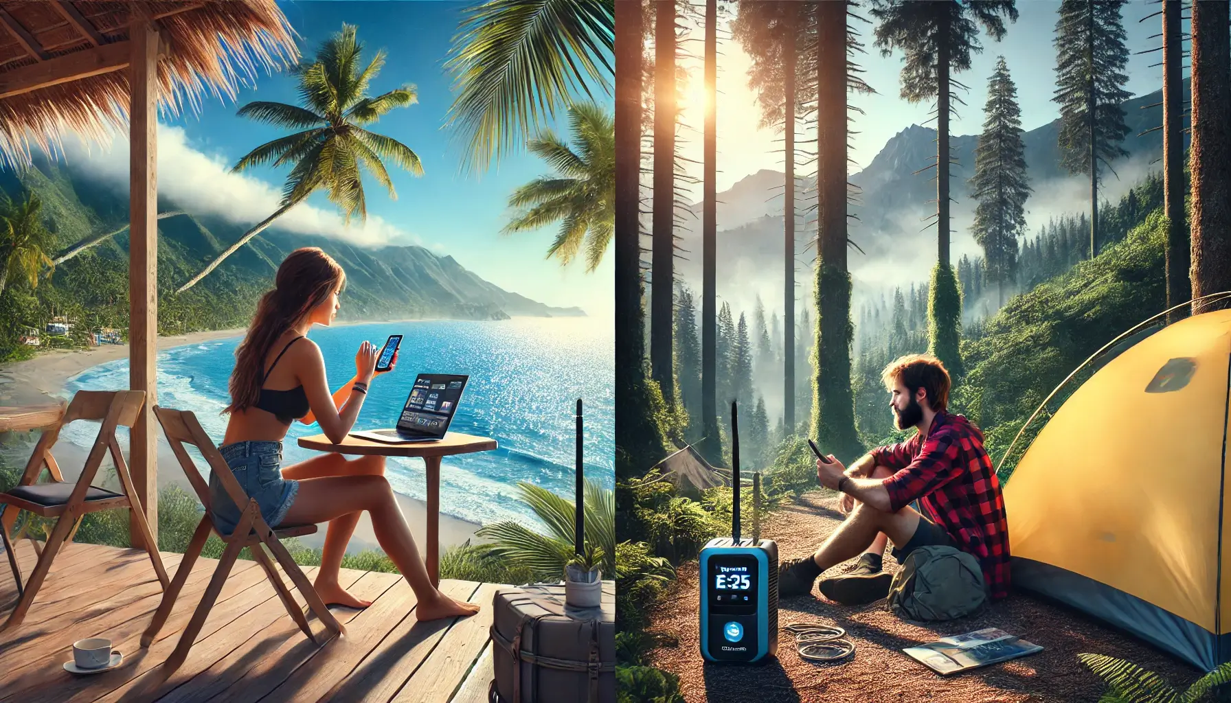 plit-screen: On the left, a female digital nomad uses eSIM on her smartphone while working seaside on a laptop; on the right, a male digital nomad uses Pocket WiFi while camping in a forest with a mountain view