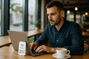 Young digital nomad in Estonia working on a laptop at a modern café, using a ConnectPls portable Wi-Fi hotspot with coffee on the table, symbolizing remote work and high-speed internet connectivity