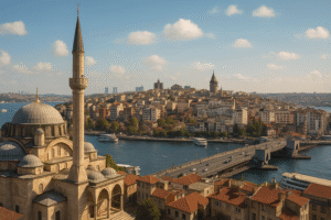 Ultra-realistic panoramic view of Istanbul's skyline in warm afternoon light, showcasing a historic mosque, the Golden Horn, Galata Bridge, and Galata Tower — ideal travel scene for digital nomads in Turkey.