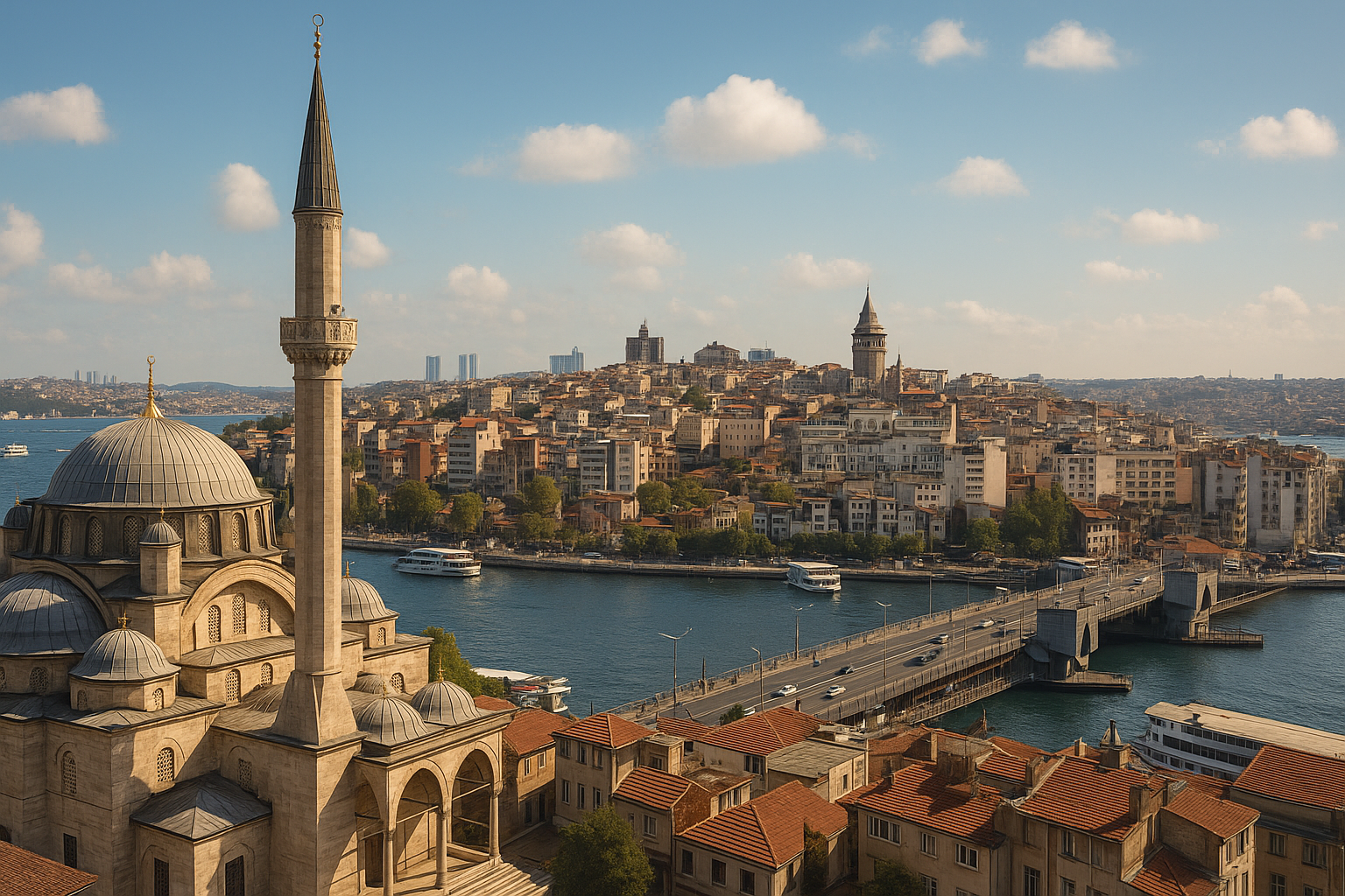 Ultra-realistic panoramic view of Istanbul's skyline in warm afternoon light, showcasing a historic mosque, the Golden Horn, Galata Bridge, and Galata Tower — ideal travel scene for digital nomads in Turkey.