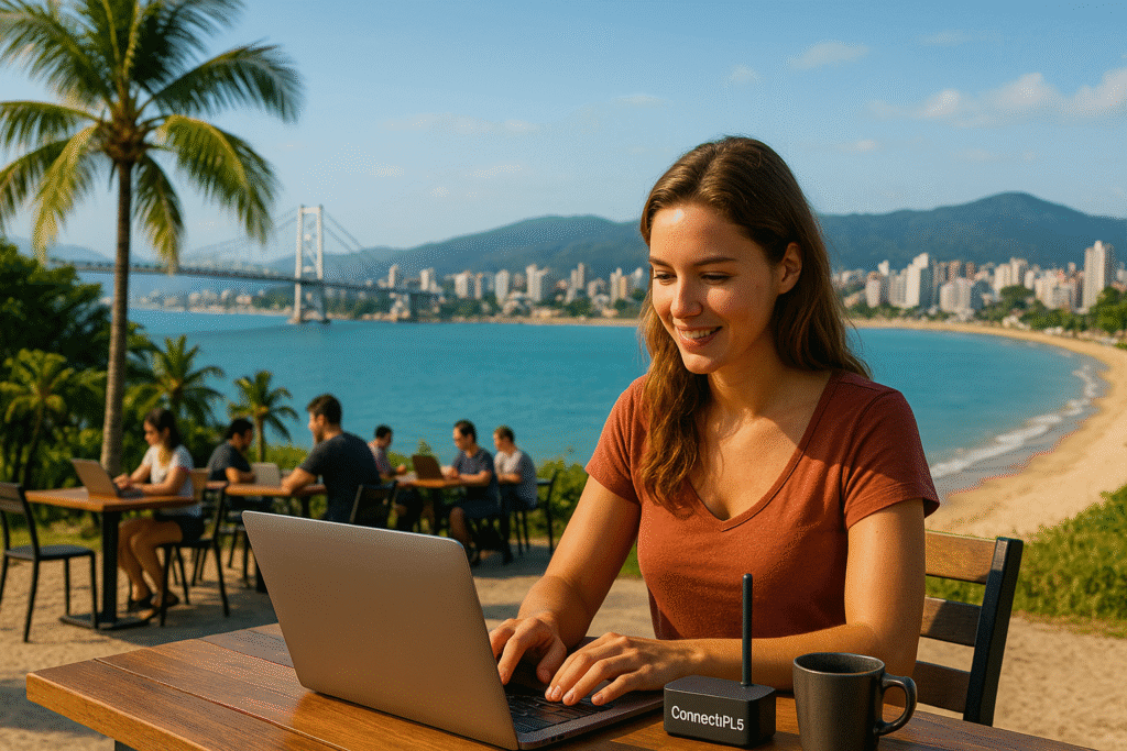 Young female digital nomad working on laptop at beachfront café in Florianópolis, Brazil with ConnectPLS WiFi router, tropical coastline, and urban skyline in the background