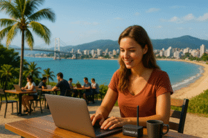 Young female digital nomad working on laptop at beachfront café in Florianópolis, Brazil with ConnectPLS WiFi router, tropical coastline, and urban skyline in the background
