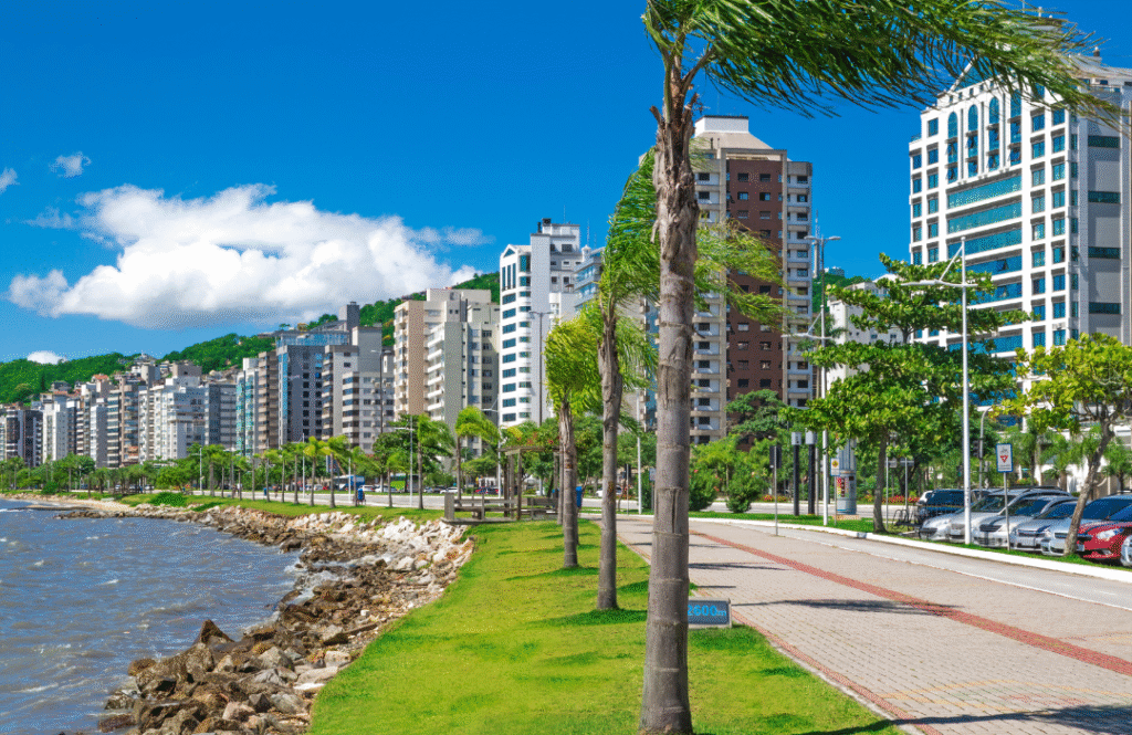 Scenic coastal promenade in Florianópolis, Brazil, lined with palm trees, modern high-rise buildings, and clear blue skies