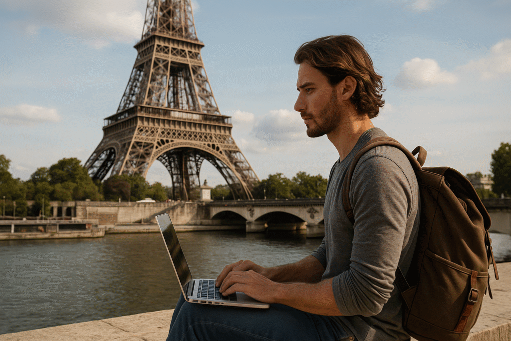 Young digital nomad working on a laptop near the Eiffel Tower in Paris, France, with a scenic view of the Seine River and Pont d'Iéna bridge in the background under a sunny sky.