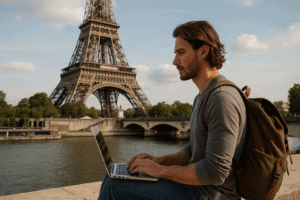 Young digital nomad working on a laptop near the Eiffel Tower in Paris, France, with a scenic view of the Seine River and Pont d'Iéna bridge in the background under a sunny sky.