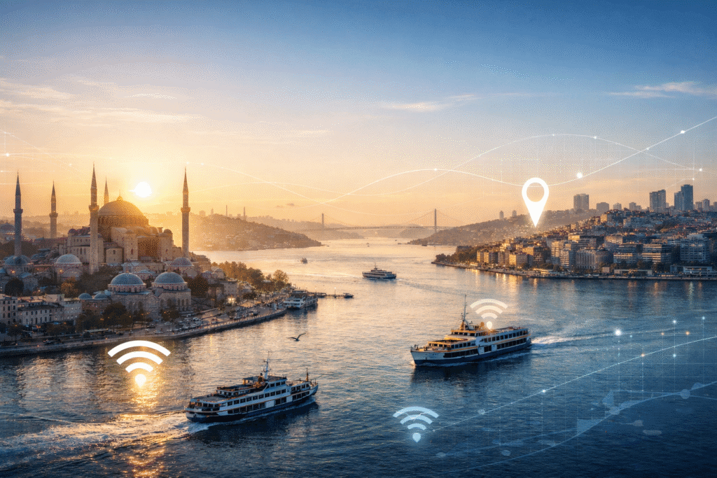 Free things to do in Istanbul with Bosphorus skyline, WiFi connectivity symbols, and historic city views for digital nomads and long-term travelers