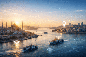 Free things to do in Istanbul with Bosphorus skyline, WiFi connectivity symbols, and historic city views for digital nomads and long-term travelers