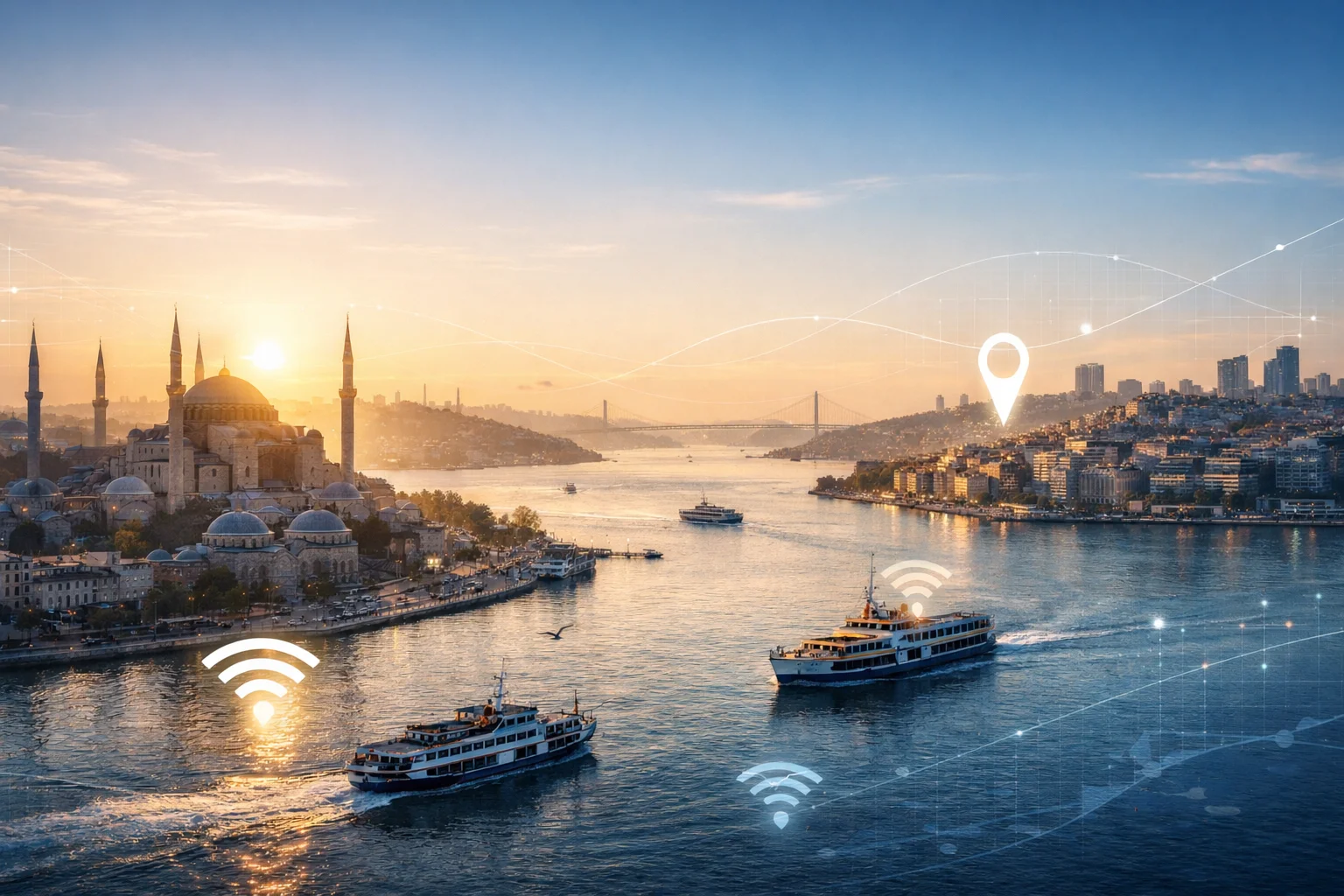 Free things to do in Istanbul with Bosphorus skyline, WiFi connectivity symbols, and historic city views for digital nomads and long-term travelers