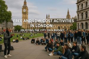 A lively scene in London with a street performer entertaining a crowd near Big Ben and the Houses of Parliament. People are sitting and standing, enjoying the performance on a bright day, symbolizing free and low-cost entertainment options in the city.