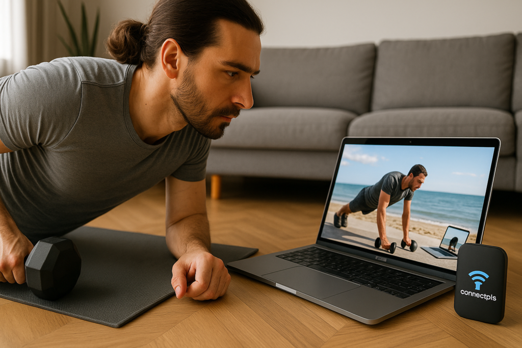 A digital nomad in a gray T-shirt performs a plank row while watching a fitness video on his laptop, which shows a man working out by the beach. A ConnectPls portable Wi-Fi device is placed beside the laptop on a wooden floor