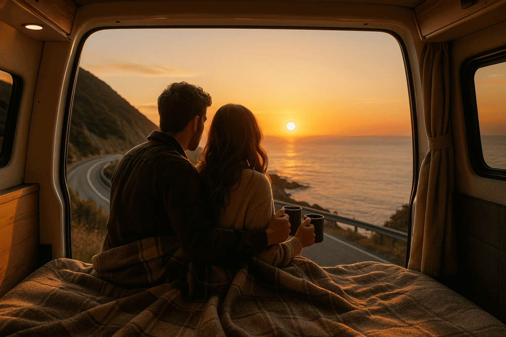 Couple watching sunset from camper van on coastal road trip, wrapped in blanket with coffee mugs, overlooking ocean horizon
