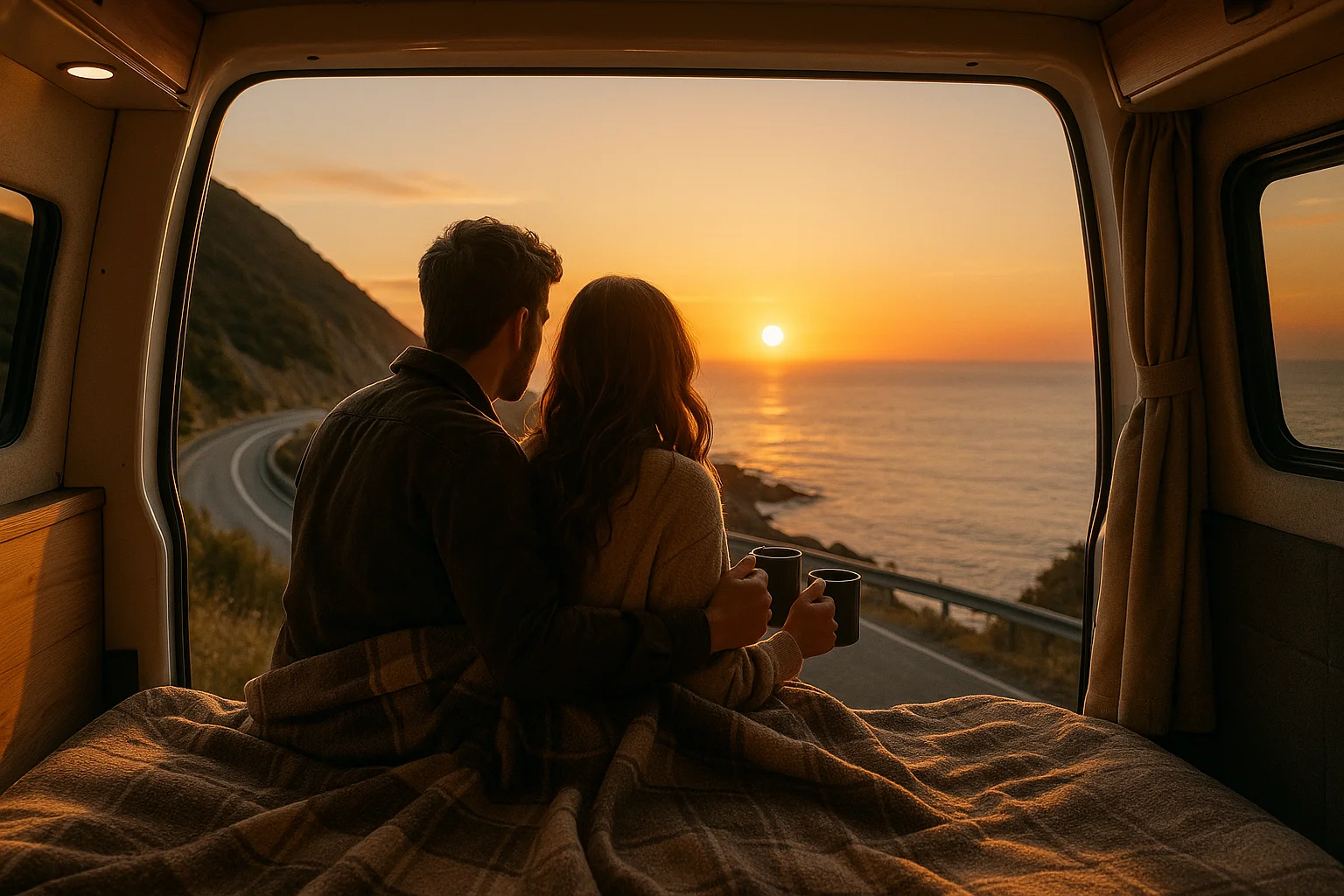 Couple watching sunset from camper van on coastal road trip, wrapped in blanket with coffee mugs, overlooking ocean horizon