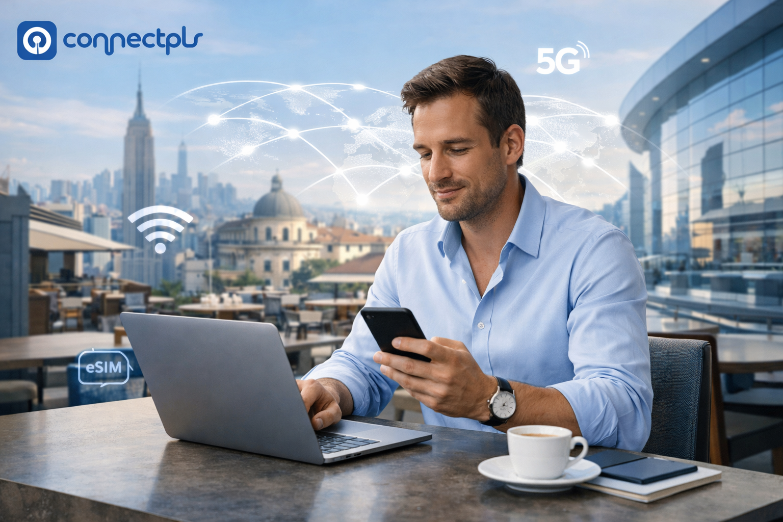 Remote professional working abroad using laptop and smartphone with stable internet connection, representing reliable internet while working abroad with ConnectPls.