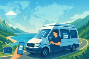 internet on the road, van and animation