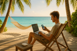 Remote worker using laptop and smartphone on tropical beach deck with turquoise ocean, hammock, and palm trees — digital nomad lifestyle in island paradise