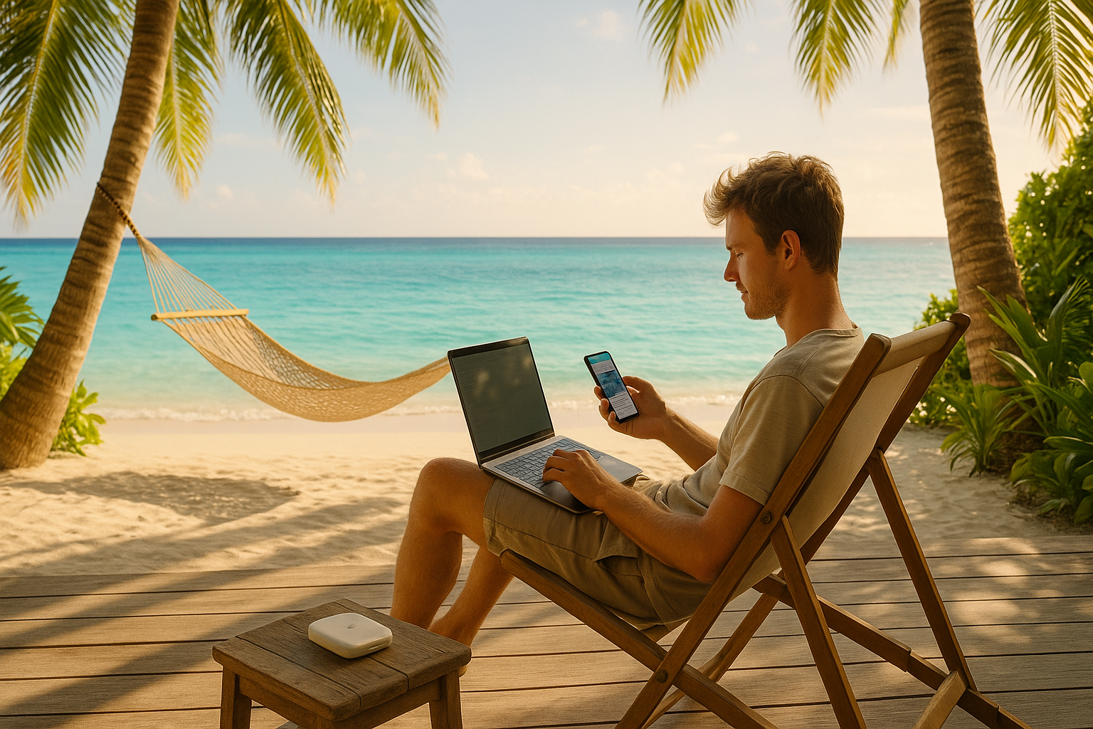 Remote worker using laptop and smartphone on tropical beach deck with turquoise ocean, hammock, and palm trees — digital nomad lifestyle in island paradise