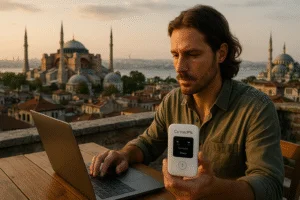 Digital nomad in Istanbul working on a rooftop with Hagia Sophia and Bosphorus in the background, using ConnectPls portable Wi-Fi device – ideal for remote work and unlimited data in Turkey, 2025