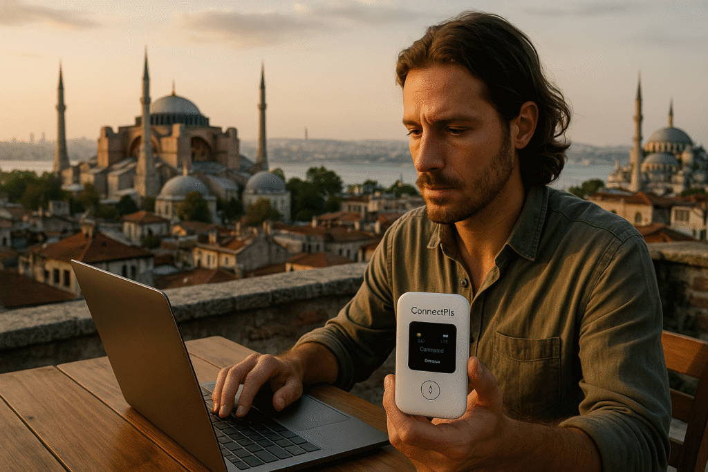 Digital nomad in Istanbul working on a rooftop with Hagia Sophia and Bosphorus in the background, using ConnectPls portable Wi-Fi device – ideal for remote work and unlimited data in Turkey, 2025