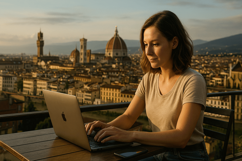 Young digital nomad woman working on a laptop at an outdoor café in Florence, Italy, with the Florence Cathedral and city skyline in the background during sunset — ideal lifestyle image for Italy digital nomad blog or remote work guide