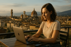 Young digital nomad woman working on a laptop at an outdoor café in Florence, Italy, with the Florence Cathedral and city skyline in the background during sunset — ideal lifestyle image for Italy digital nomad blog or remote work guide