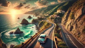 scenic road trip along Italy’s dramatic coastline. A vintage car travels on a winding cliffside road overlooking the Mediterranean Sea. Below, waves crash against rugged cliffs, while lush green vegetation covers the steep slopes. The golden light of the setting sun casts a warm glow over the turquoise waters,