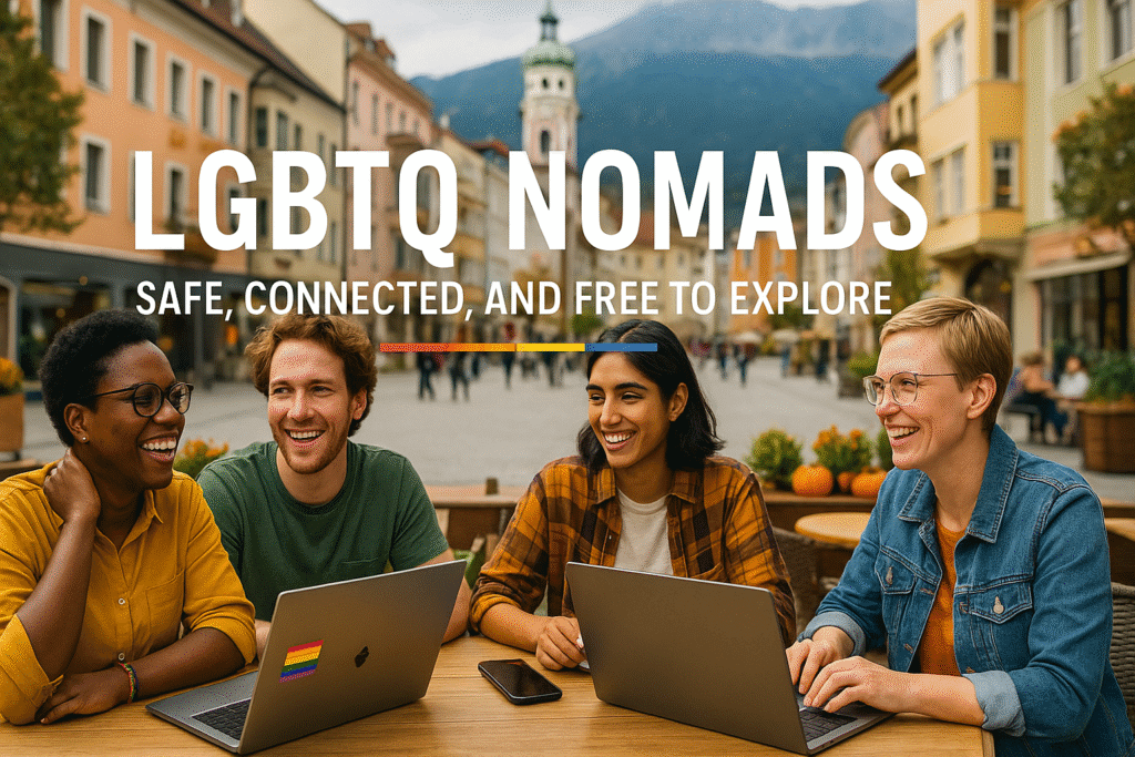 Diverse LGBTQ digital nomads working and socializing at an outdoor café in a picturesque European town, with rainbow pride symbols on laptops, showcasing safe, inclusive, and connected travel for queer remote workers and expats.